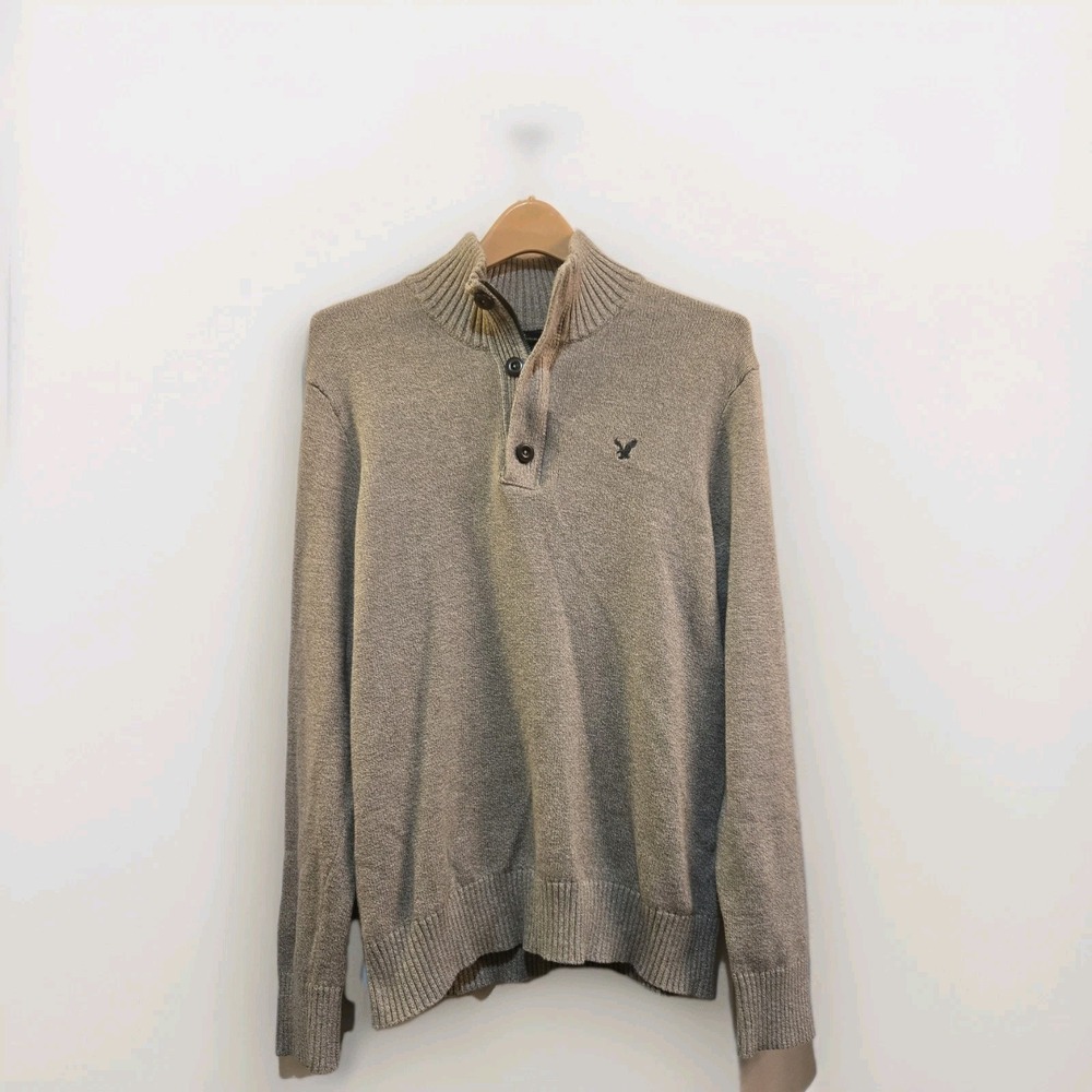 American Eagle Mens Sweater Beige Tan Quarter Zip Athletic Fit Size Large